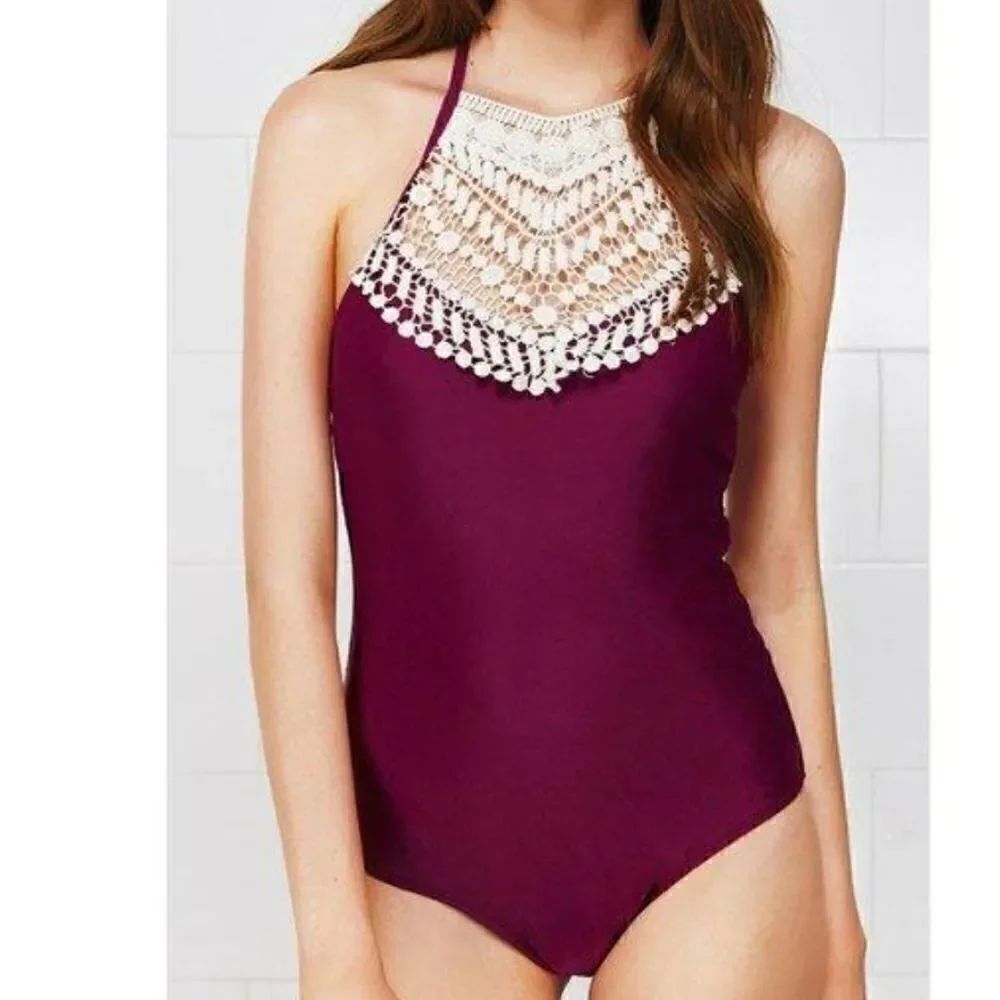 Cupshe wine crochet halter one-piece swimsuit